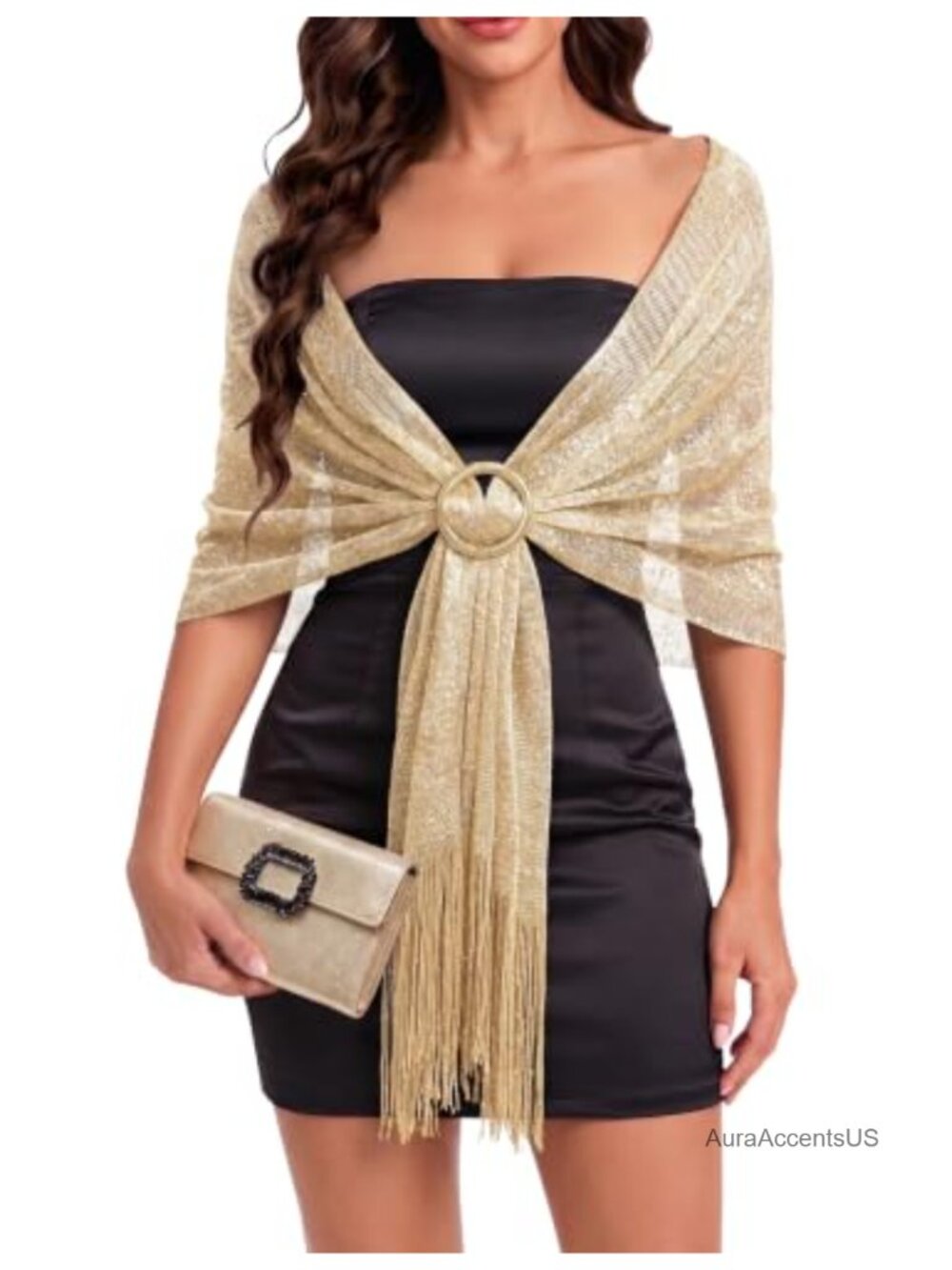 Metallic Glitter Womens Shawl Wrap with Buckle Evening Dress Pashmina